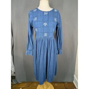 VTG Y2K Erika Co Denim Midi Dress Sz M Floral Embroidered Cottagecore Tie